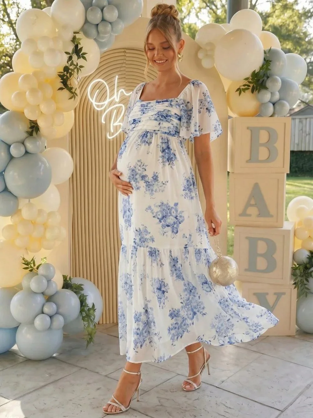 Blue And White Women's Maternity Square Neck Short Sleeve Floral Print Dress